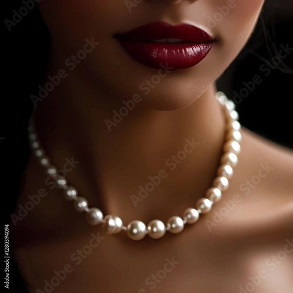 Obraz Elegant woman showcasing a pearl necklace with bold red lips in an atmospheric setting