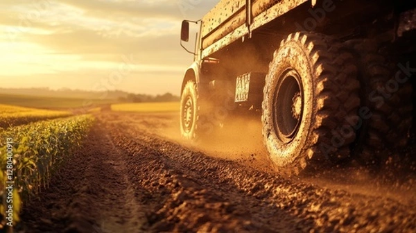 Fototapeta A dirty truck is driving down a dirt road. The sun is setting in the background, casting a warm glow over the scene