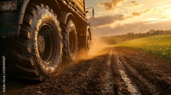 Fototapeta A dirty truck with muddy tires is driving down a dirt road. The sky is cloudy and the sun is setting