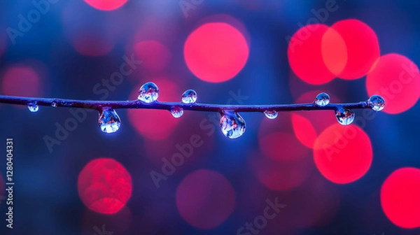 Obraz Photo: Dewdrops on Branch with Pink Bokeh Background - Macro Photography