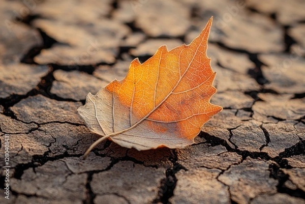 Fototapeta Close-up of an autumn leaf on cracked earth symbolizing drought, climate change, and environmental issues, highlighting the beauty and fragility of nature.
