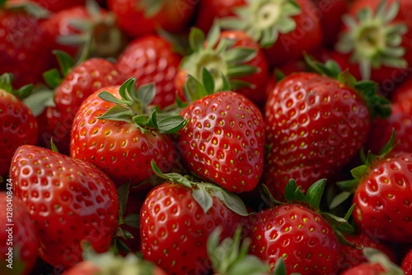 Obraz Photo - Fresh Red Strawberries Close-Up with Green Leaves