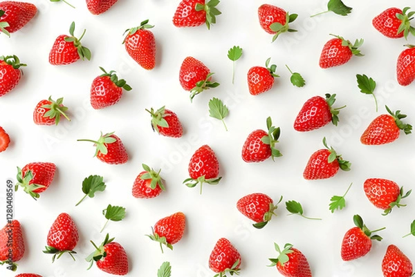 Obraz Photo Pattern of Fresh Strawberries and Leaves on White Background