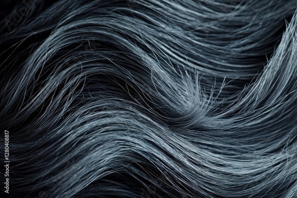 Fototapeta An abstract macro shot of flowing silver and gray hair strands, creating a mesmerizing wave-like pattern against a dark backdrop, capturing depth and texture.