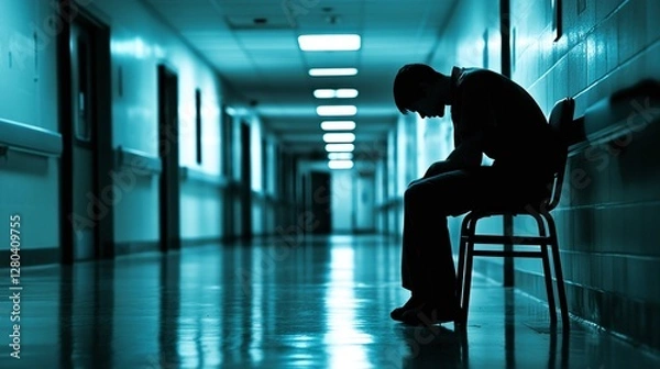 Obraz AI Generate A Hospital Corridor With A Single Figure Sitting Alone Representing Struggle With Mental Health