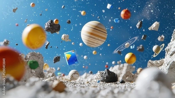 Fototapeta Various colored objects floating in the air against a neutral background