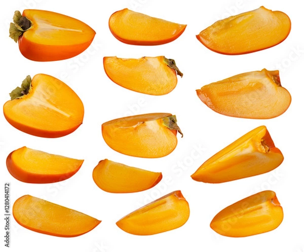 Obraz Persimmon slices, part of fruit set of different angles isolated on white background