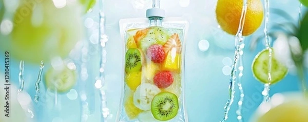 Fototapeta A wellness retreat advertisement showcasing an IV bag filled with tropical fruit elixirs, glowing softly in a serene, nature-inspired environment.