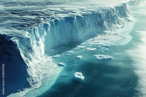 Fototapeta A massive glacier calving into the ocean, creating icebergs and showcasing the effects of climate change on arctic landscapes.