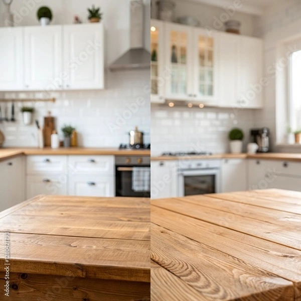 Fototapeta The kitchen is clean and well-organized, with a wooden countertop and white cabinets. The countertop has a wooden top and a window above it. The kitchen is well-lit and has a warm, inviting atmosphere