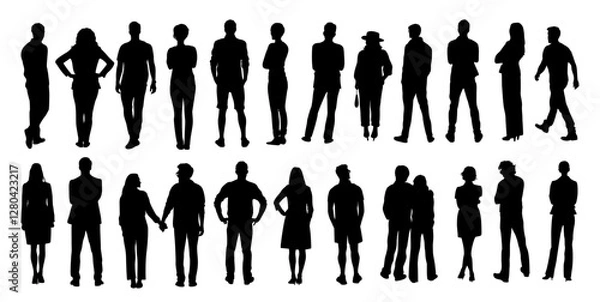 Fototapeta Silhouettes of different People Standing and walking Rear View. Male and Female, couple Characters Back View vector monochrome illustrations, icons Isolated
