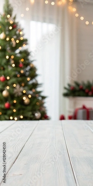 Fototapeta A Christmas tree is lit up with lights and ornaments. The tree is surrounded by a white background