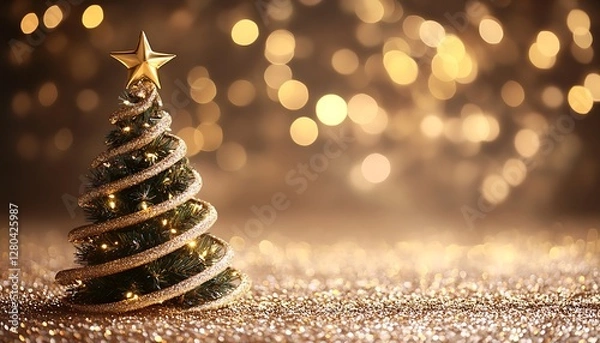Obraz Ornamental Christmas tree,  gold glitter background, festive lights