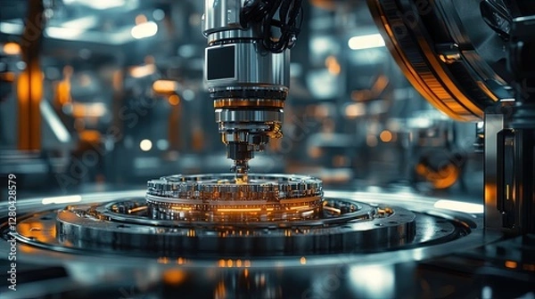 Fototapeta High-tech robotic arm assembling parts in a futuristic factory, sleek metallics 