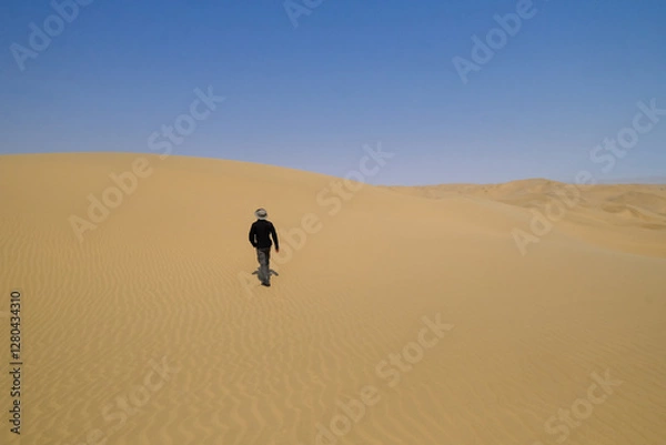 Obraz A lone explorer treks across the rippled sands of Sandwich Harbour, Namibia, surrounded by the boundless beauty of the Namib Desert and its ever-shifting golden dunes.