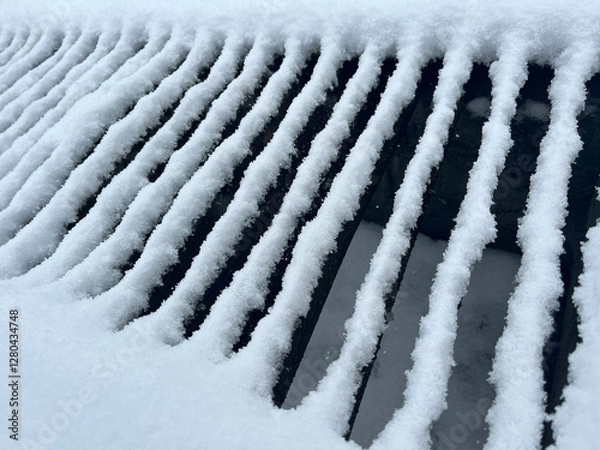Obraz Snow-Covered Slatted Surface Creating Beautiful Frozen Geometric Patterns