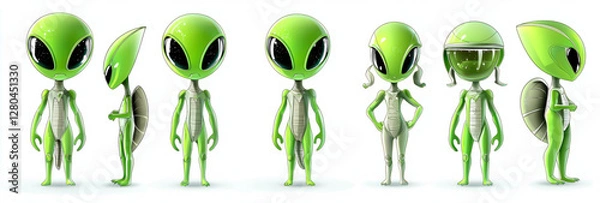 Obraz Alien Invasion: A playful gathering of adorable green extraterrestrials. The aliens with big eyes stand side by side. They exude curiosity, whimsy, and a touch of mystery. 