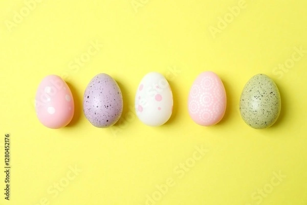 Fototapeta Happy Easter. Colorful eggs on yellow background, space for text or advertising