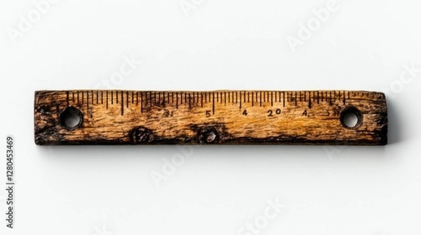 Fototapeta A single, detailed folding ruler on a pure white background, highlighting its natural imperfections with professional studio lighting