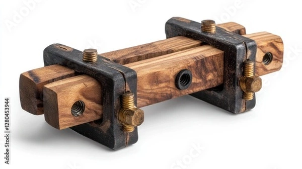 Fototapeta A single, detailed set of woodworking clamps on a pure white background, highlighting its natural imperfections with professional studio lighting