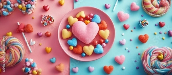 Obraz Sweet heart-shaped candies and colorful treats on pink and blue background.