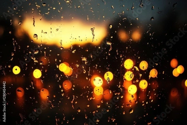 Fototapeta Raindrops on Window Glass with Blurred City Lights Background