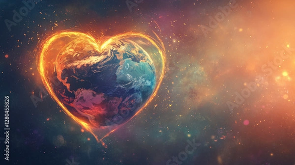 Fototapeta Earth Day glowing heart-shaped planet in cosmic space, symbolizing love for nature, International Mother Earth Day, and global environmental protection