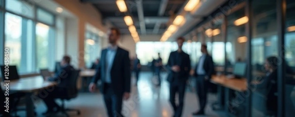 Fototapeta Blurred figures in business attire, fast-paced office environment,  teamwork,  style,  design
