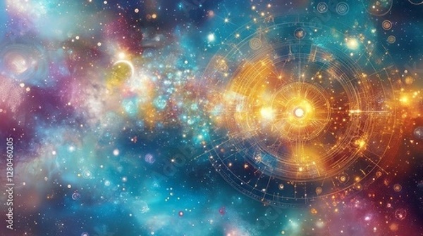 Obraz Colorful cosmic galaxy background with astrological chart overlay