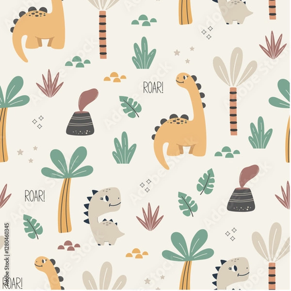 Fototapeta Colorful Childish seamless pattern with dinosaurs, volcanoes and palm trees on a light background. Hand drawn children's pattern for fashion clothes, shirt, fabric. Baby Dinosaur vector illustration.