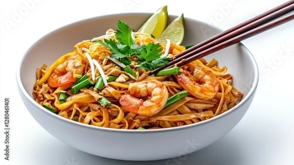 Fototapeta Detailed Hyper-realistic image of Pad Thai on a pure white background, isolated, sharp details, professional studio lighting