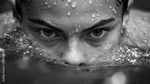 Fototapeta Action shot of a female swimmer slicing through the water, intense expression and water droplets captured in detail, tournament atmosphere.