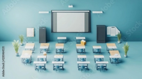 Fototapeta 3D modern learning environment with a large interactive smartboard and rows of neatly arranged student desks