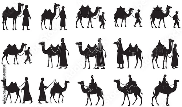 Obraz Silhouette of an Arabic man wearing traditional attire, walking with a camel. The man holds the reins while the camel carries light gear, isolated on a plain background.