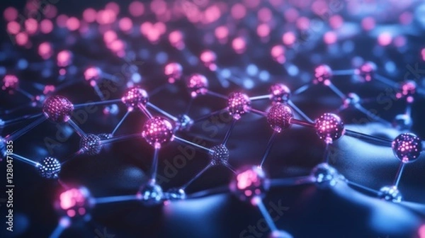 Obraz Cybernetic Web: A mesmerizing macro view showcases a complex network of interconnected spheres, glowing with futuristic pink and blue light.