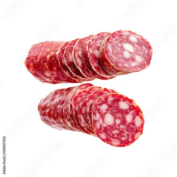 Fototapeta Close-up of Saucisson Sec slices isolated on white transparent background. Concept of fresh deli meat and gourmet food.