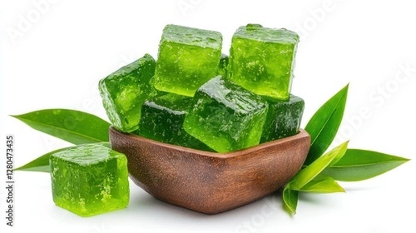 Fototapeta Professional image of Thai pandan jelly (woon bai toey) with a seamless white background, perfect for branding, packaging, and advertising--refreshing and vibrant with an isolate white background