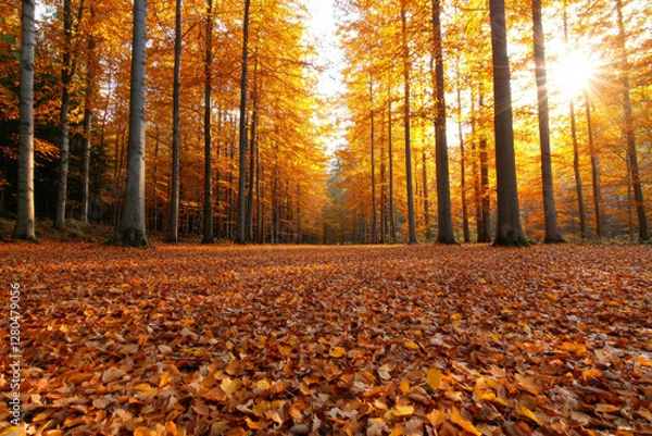 Fototapeta Golden autumn leaves scenery. Golden autumn grove with sunlight streaming through dense trees