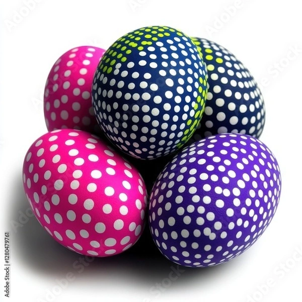 Fototapeta Colorful, polka-dotted eggs arranged in a cluster, showcasing vibrant hues of pink, blue, purple, and green against a white background.