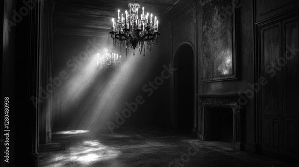 Fototapeta Ethereal illumination in a grand, monochrome room with chandeliers
