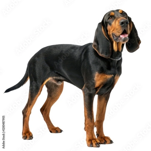 Fototapeta Black and Tan Coonhound Black and tan dog standing proudly on a white background showcasing its unique coat and playful personality traits