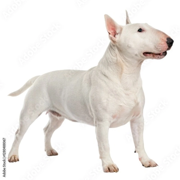 Fototapeta Bull Terrier White dog standing up with mouth open in playful pose outdoor setting bright daylight happy canine expression