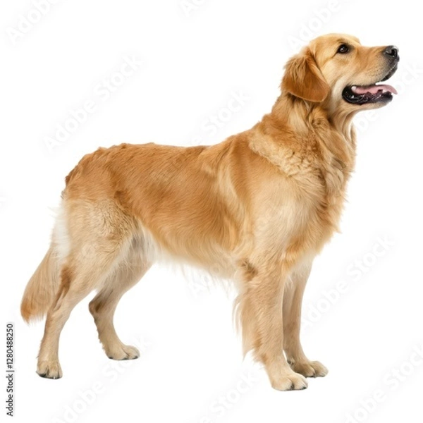 Fototapeta Golden Retriever Dog standing upright with mouth open expressing excitement and playfulness in a bright outdoor environment