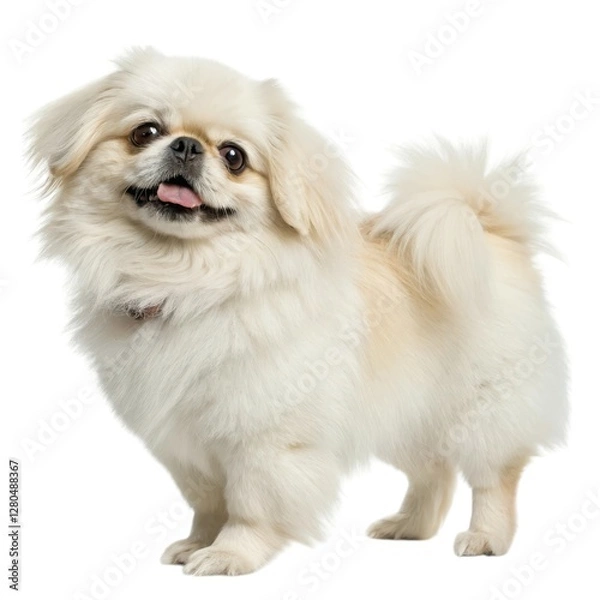 Fototapeta pekingese Small white dog standing on a white surface adorable pet portrait on minimalistic background cute animal photo