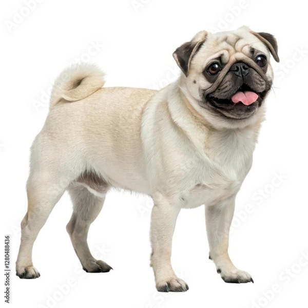 Fototapeta pug Small dog standing on white surface adorable puppy with cute expression pet portrait in bright environment