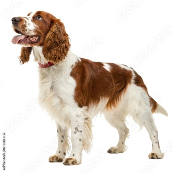 Fototapeta Welsh Springer Spaniel Dog with red collar standing up against a bright background in outdoor setting cute canine portrait photography