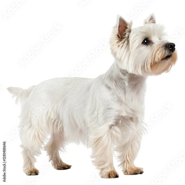 Fototapeta Yorkshire Terrier Small white dog standing proudly on a bright white background capturing pure innocence and charm in every detail