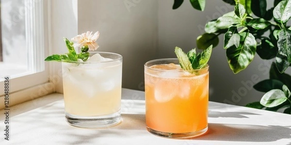 Fototapeta Two drinks with flowers on top sit on a table. One is a light drink with a lime wedge, and the other is a darker drink with a lime wedge