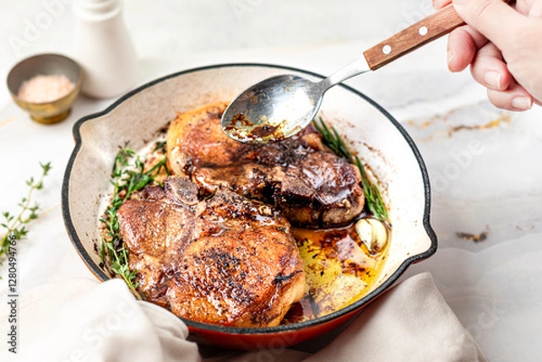 Fototapeta Pan-fried and baked steaks on a bone with garlic, butter and thyme on a marble table.