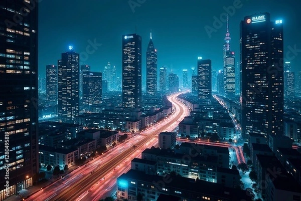 Fototapeta Futuristic cityscape with glowing structures and digital pathways, showcasing advanced urban innovation.